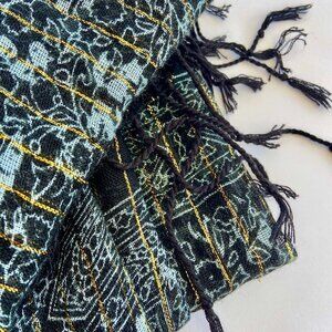 Black and Silver with Gold Metallic Pinstripe Scarf with Fringe